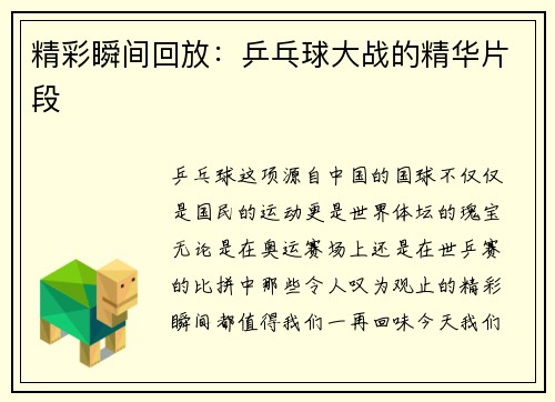 精彩瞬间回放：乒乓球大战的精华片段